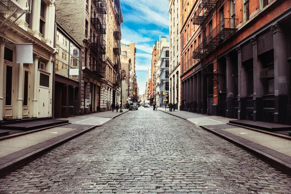 New York City Old Soho Innenstadt Pflastersteinstraße Mit Einzelhandelsgeschäften Und — Stockfoto