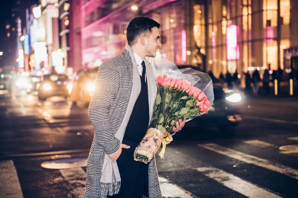 Handsome Happy Man Crossing City Street Rose Flower Bouquet Night — Stock Photo, Image