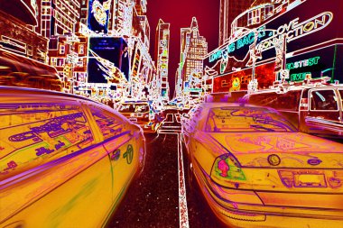 New York City Time Square sarı taksi neon ışık aksaklık arka plan