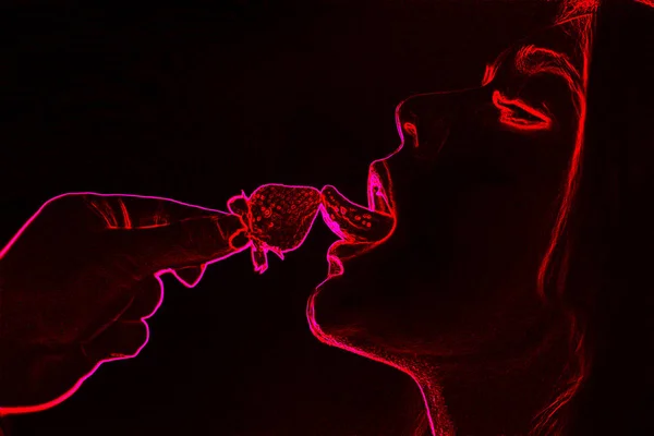イチゴのネオンの光の背景を持つ男女間の性的なゲーム シルエット — ストック写真