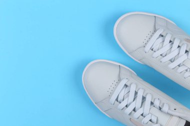 Renkli arka planda bir çift spor ayakkabısı. Kahve çekirdeği arkaplanlı mavi spor ayakkabılar, kopyalama alanı. Koşu ayakkabılarının yukarıdan çekimi. Üst manzara, düz uzanma