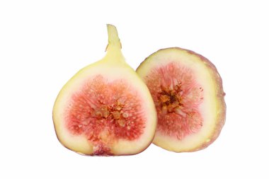 Taze mor incir meyvesi ve beyaz arka planda yapraklı dilimler.