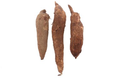 Taze Tapioca kökleri veya beyaz arkaplanda izole edilmiş Cassava kökleri