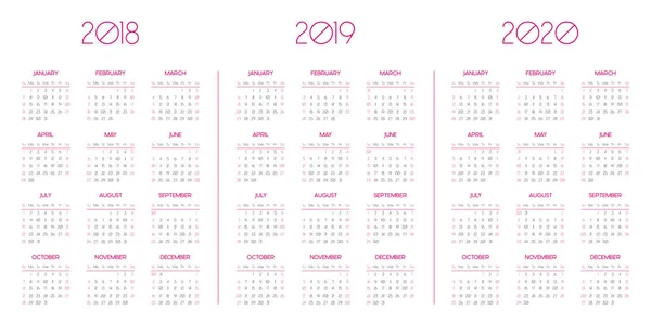 Modello di calendario per 2018, 2019, 2020 — Vettoriale Stock