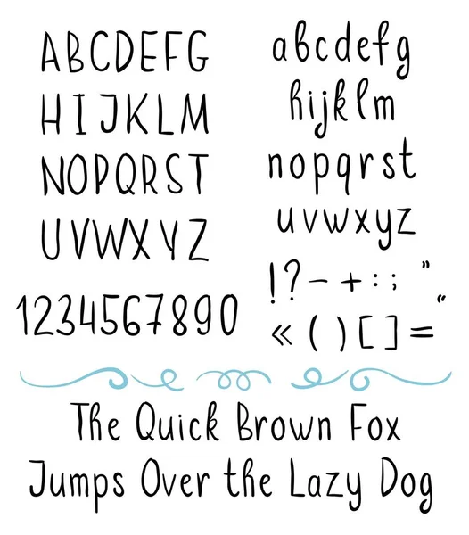 Handgeschreven geborsteld vector dunne lettertype met symbolen — Stockvector