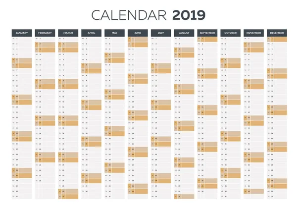 Business planner kalendarz wektor szablon do 2019 roku — Wektor stockowy