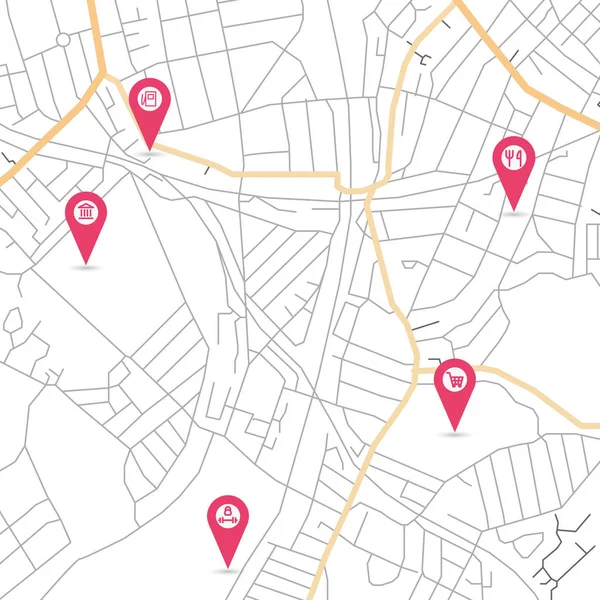 Mapa abstracto de la ciudad vectorial con pequeños punteros — Vector de stock