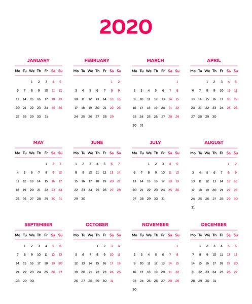 Il modello di calendario 2020 con colonne mensili classiche — Vettoriale Stock