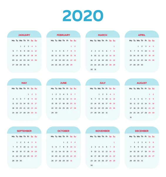 Il modello di calendario 2020 con caselle angolate arrotondate — Vettoriale Stock