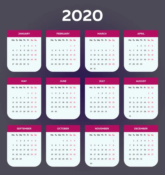 Szablon kalendarza 2020 z zaokrąglonymi polami kątowym — Wektor stockowy