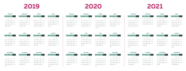 Szablon kalendarza 2019 2020 2021 z klasycznymi kolumnami miesięcznymi — Wektor stockowy