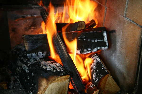 在铸铁炉里燃烧的木头 — 图库照片