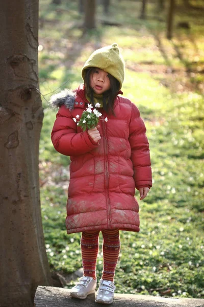 Ładna Dziewczyna Kwiatami Ręku Lesie Danii — Zdjęcie stockowe