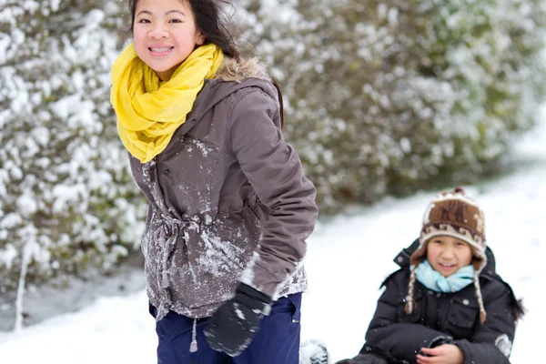 Girls Playing Snow Cold Winter Day Denmark — Stock Photo, Image