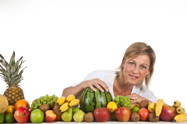 Muchas Frutas Apiladas Juntas Mujer Linda —  Fotos de Stock