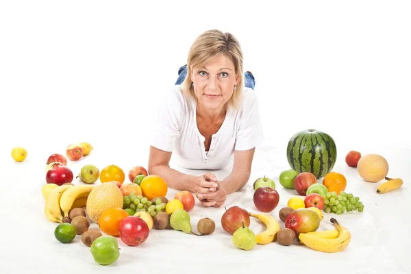 Muchas Frutas Apiladas Juntas Mujer Linda —  Fotos de Stock