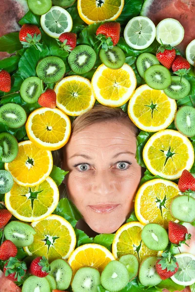 Many Fruits Stacked Together Head Cute Blond Woman — Stock Photo, Image