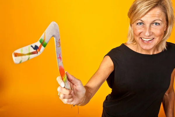 Cute Woman Boomerang Portrait Yellow Background — Stock Photo, Image