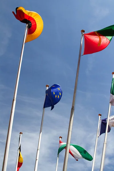 Many European Flags Wind Blue Sky Low Angle View — Stock Photo, Image