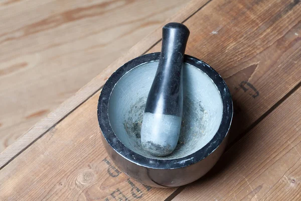 Closeup Mortar Pestle Placed Wooden Background — Stock Photo, Image
