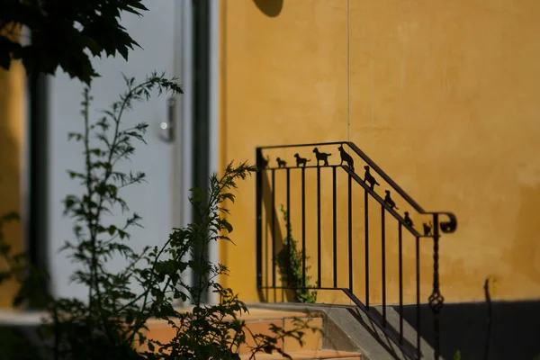Kutya Szobor Vasban Egy Ház Előtt Denmark — Stock Fotó