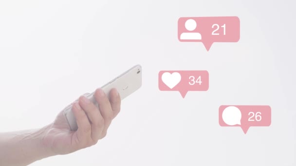 Young Adult Man Holding Smartphone Hand Follower Comments Likes Counting — Stock Video