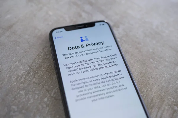 Apple Iphone Space Grauer Bildschirm Mit Daten Und Datenschutz Text — Stockfoto