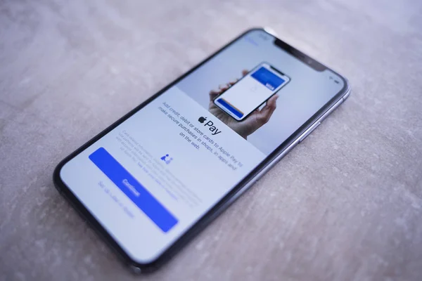 アップルのIphone Xsスペースグレースクリーンとアップルペイのセットアップ — ストック写真