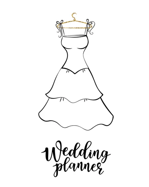 Ilustração vetorial de letras 'Planejador de casamento' com um vestido simples — Vetor de Stock