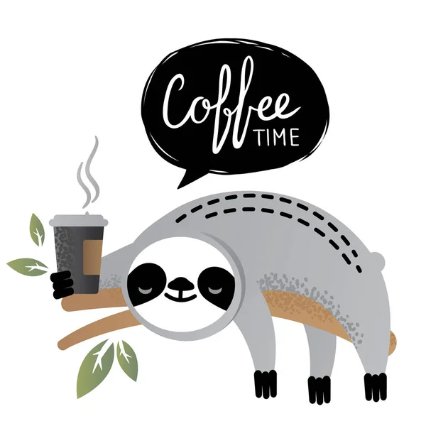 Lindo vector oso perezoso animal con letras de tiempo de café . — Archivo Imágenes Vectoriales