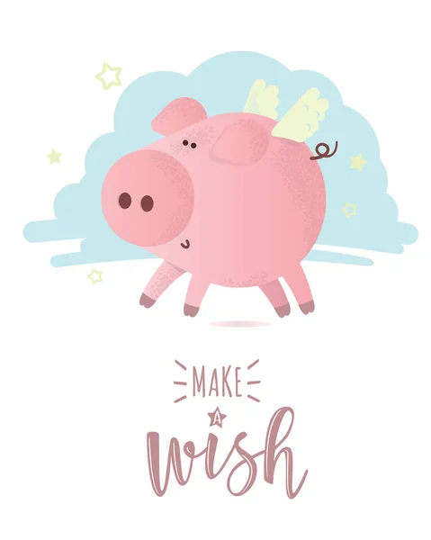 Lindo vector de cerdo rosa con letras "Pide un deseo" — Archivo Imágenes Vectoriales