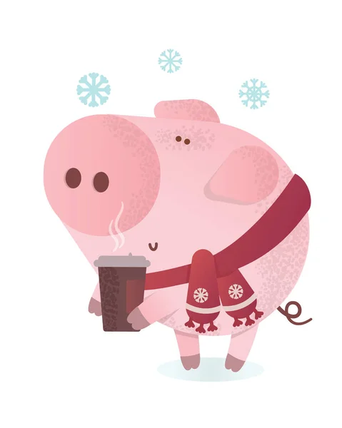 Que sea una bandera de nieve. Lindo cerdo con un café caliente — Archivo Imágenes Vectoriales