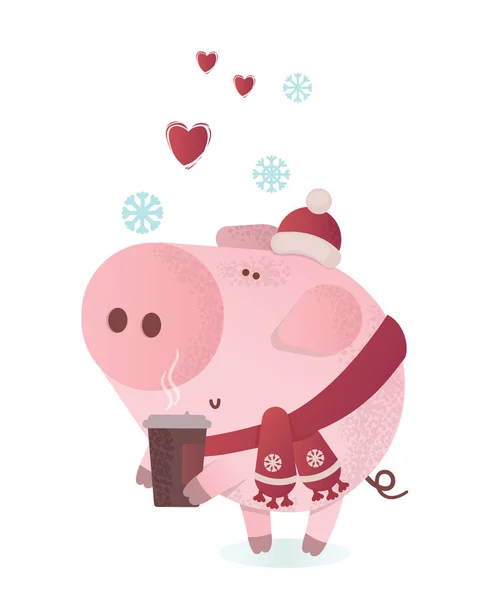 New Year vector illustration. Cute pig in a winter scarf — Stock Vector