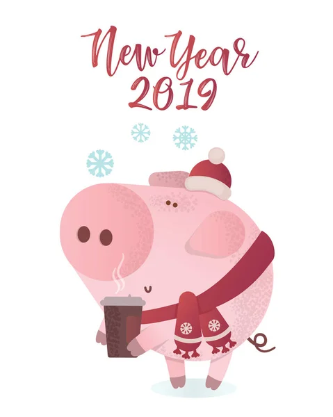 Новогодняя векторная иллюстрация. Милая свинья в зимнем шарфе — стоковый вектор