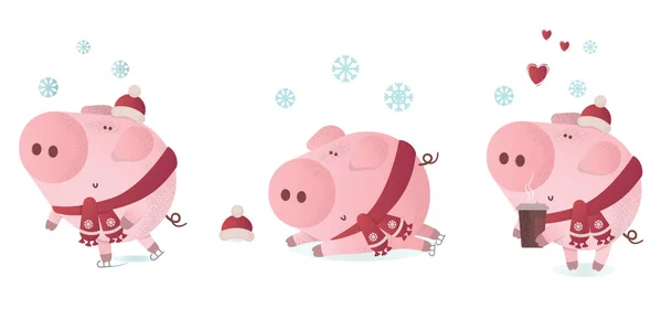 Vector illustration set of a cute pigs in a winter scarf — Stock Vector