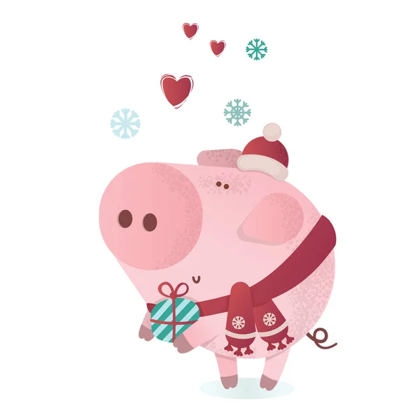 Cute piggy character in a winter scarf with a present. — Stock Vector