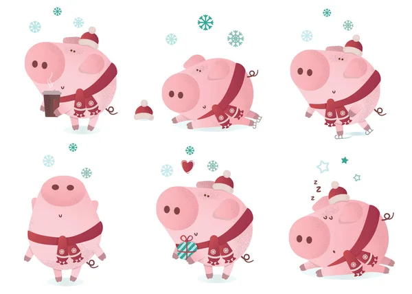 Cute piggy character in a winter scarf. — Stock Vector