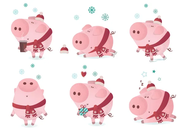 Lindo personaje de cerdito en una bufanda de invierno . — Vector de stock