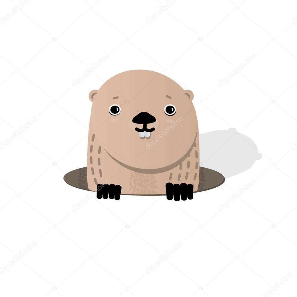Happy Groundhog Day. Cute groundhog popping up from his burrow.