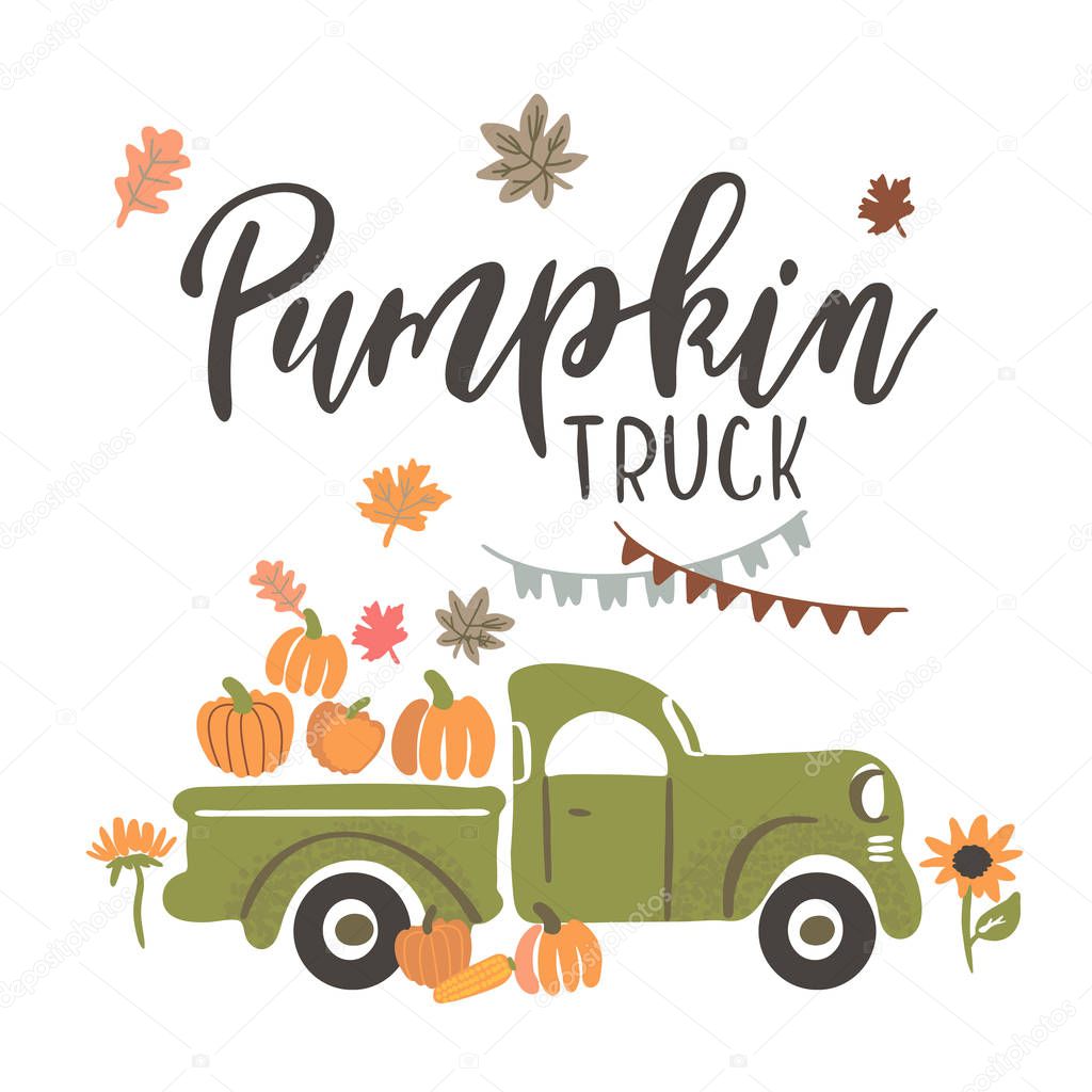 Vector Illustration, Harvest Truck with Pumpkins