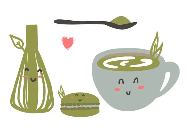Cute green tea matcha illustration set — Stock Vector