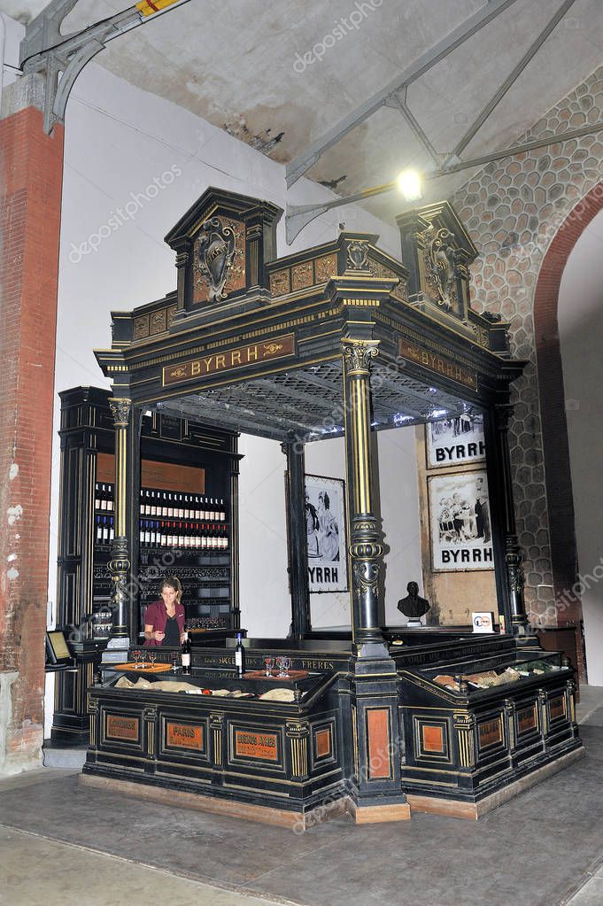 Thuir, France - September 5, 2018: Old tasting booth of the Byrrh company used at the time to make known their aperitif around the world