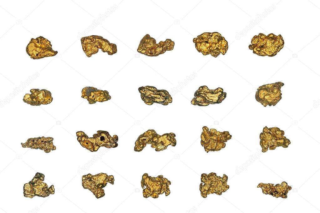 Plank of cut gold nuggets on a white background