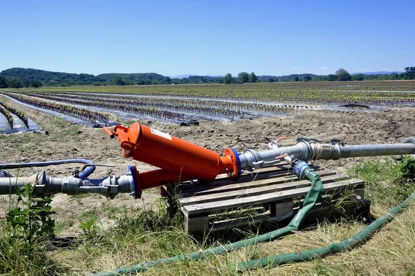 Sistem irigasi pertanian yang mendistribusikan air memompa int — Stok Foto