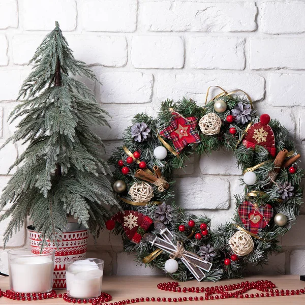 Christmas wreath with decorations,Christmas wreath and ribbon. Merry Christmas
