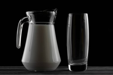 Siyah arka planda bir sürahi süt ve bir bardak