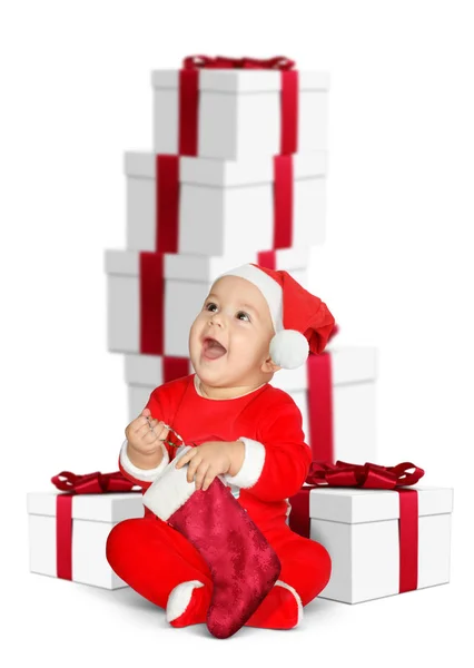 Bébé Père Noël Drôle Avec Des Cadeaux Noël Isolés Sur — Photo