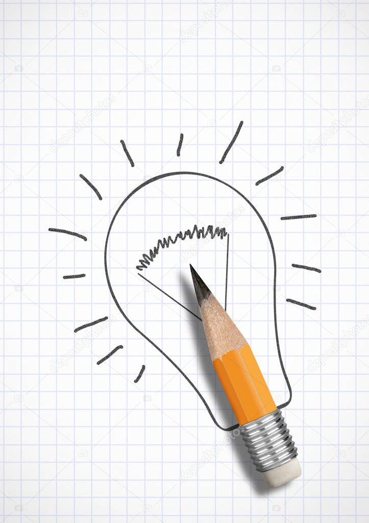 Creative idea concept, pencil with drawn bulb
