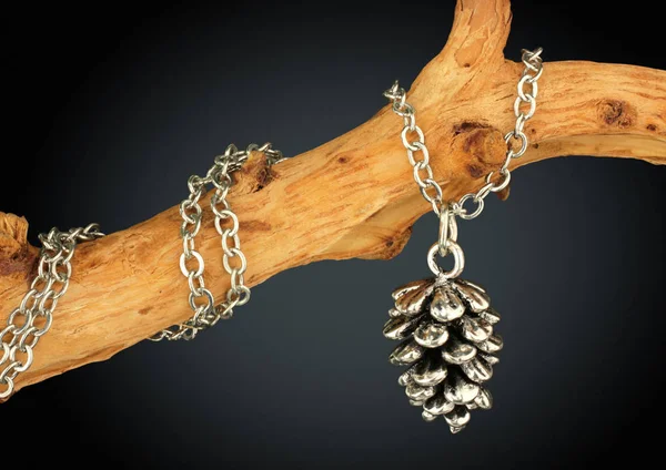 Jewelry pendant shape of cone on twig, on dark background — Stock Photo, Image