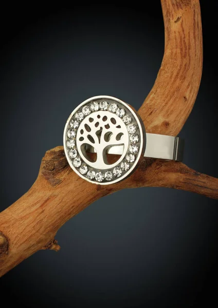 Gioielli anello forma di albero su ramoscello, su sfondo scuro — Foto Stock
